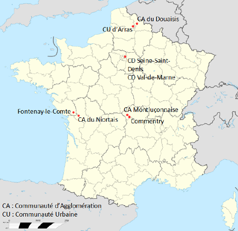Carte des collectivités retenues pour le retour d’expérience sur la métrologie