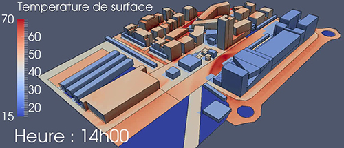 Illustration de températures simulées avec le modèle Solene-microclimat (quartier Montaudran à Toulouse)