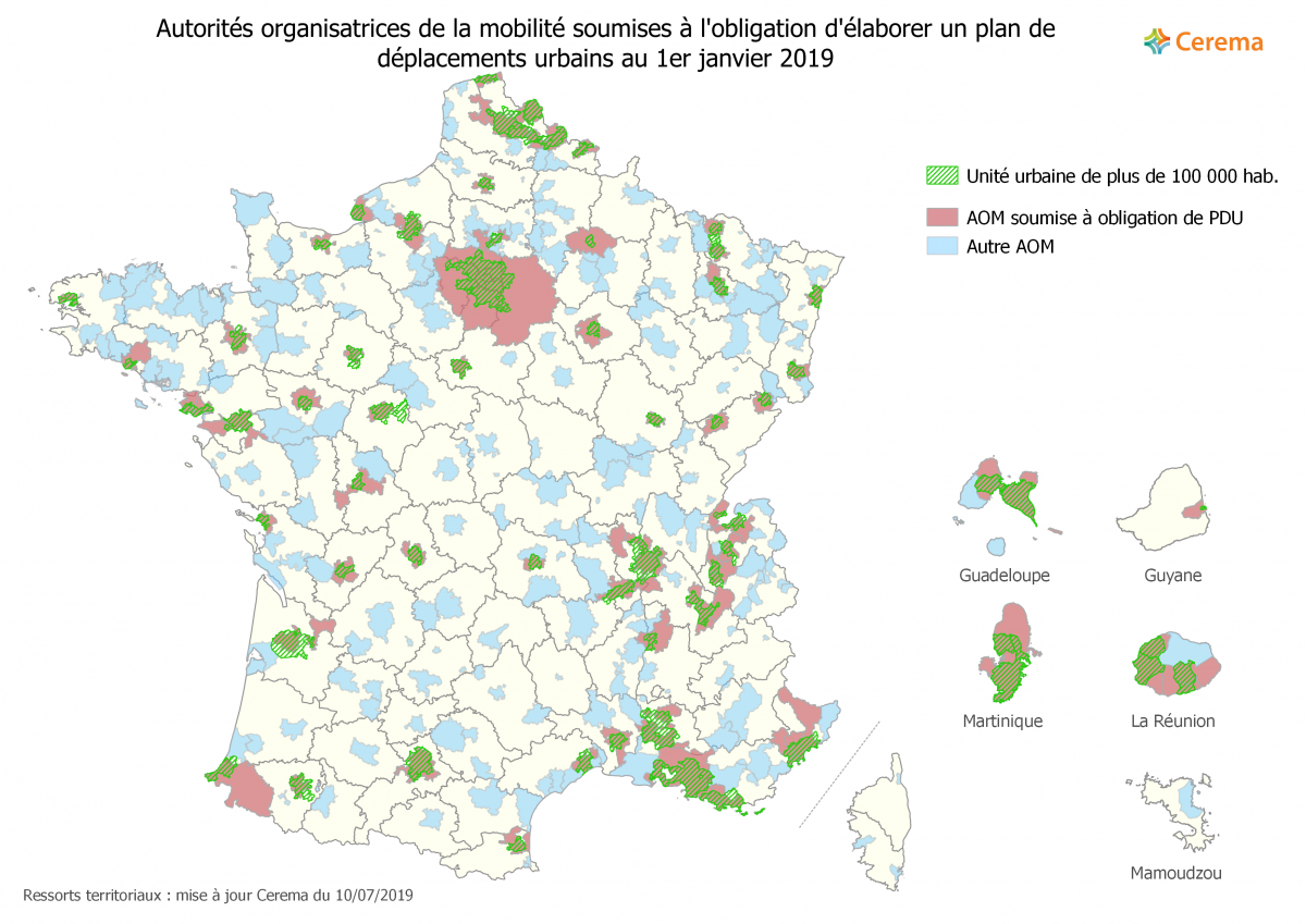 Carte des AOM soumises à PDU obligatoire au 1er janvier 2019