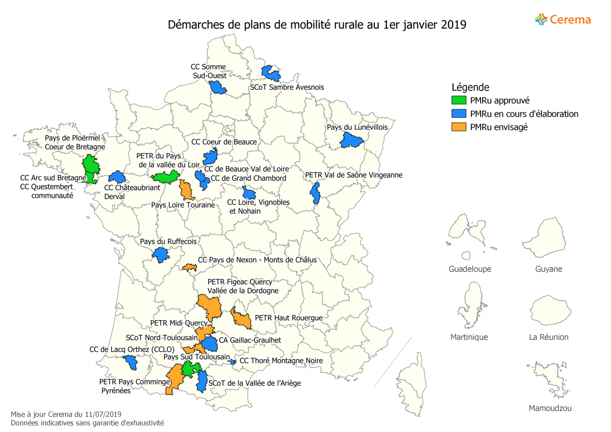 Carte des démarches de plan de mobilité rurale au 1er janvier 2019 (MAJ: 11/07/2019)