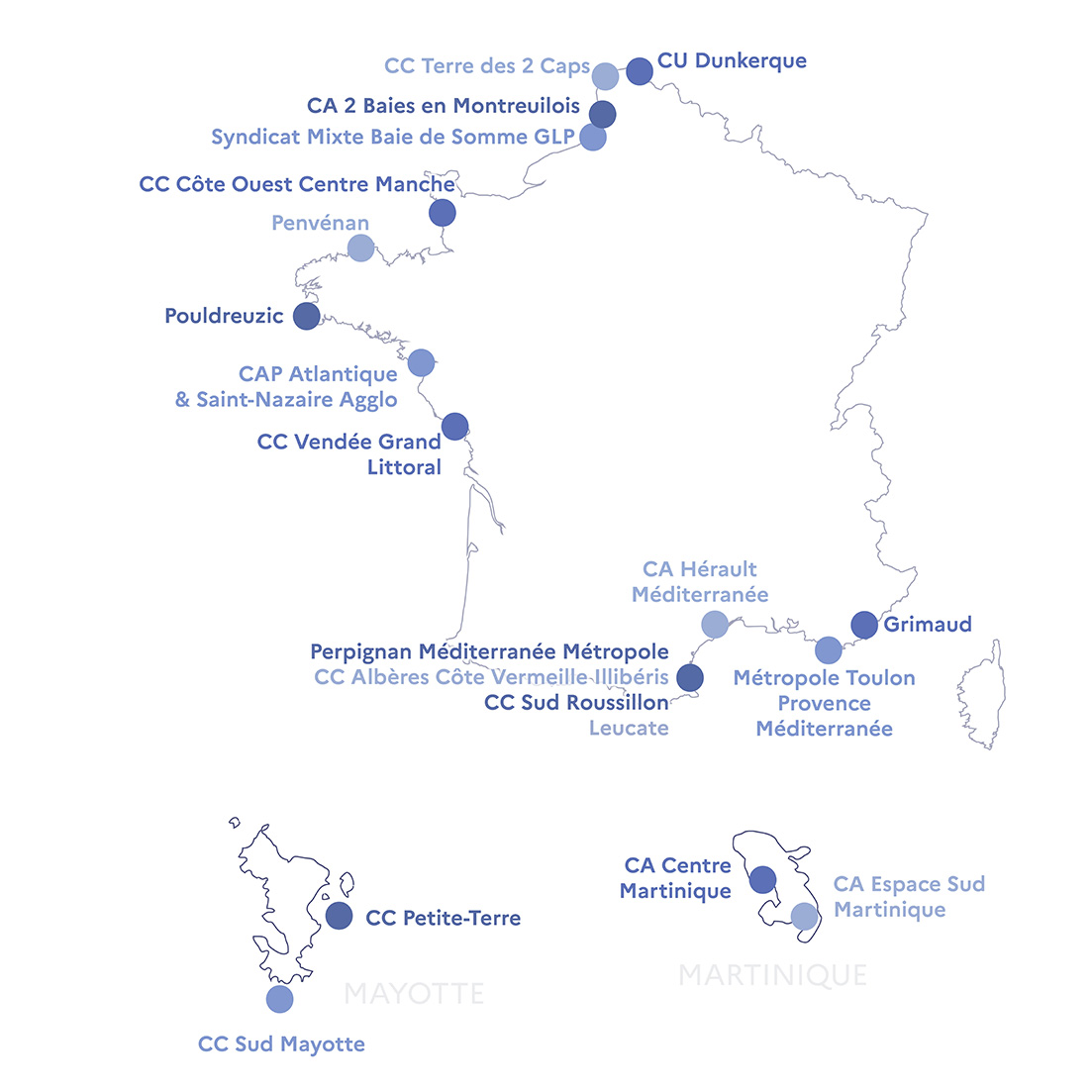 Collectivités littorales métropolitaines et ultramarines accompagnées dans le cadre de cet appel à partenaires