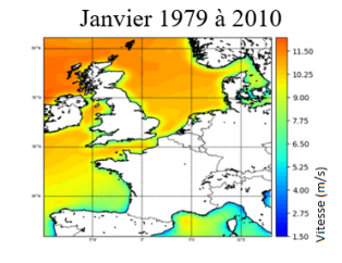 Moyennes mensuelles du vent pour les mois de janvier de 1979 à 2010 