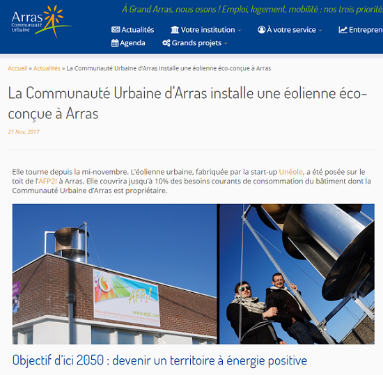Article sur le site de la communauté urbaine d'Arras, qui parle du projet URBEOL