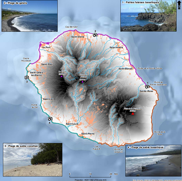 carte des 4 différents paysages du littoral de La réunion