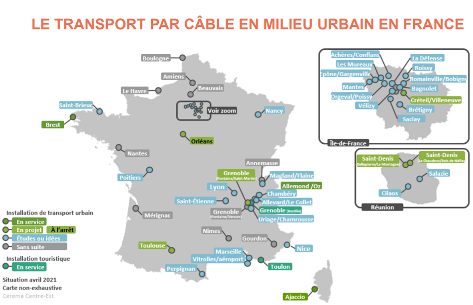 carte des projets de transport aérien par cable en France