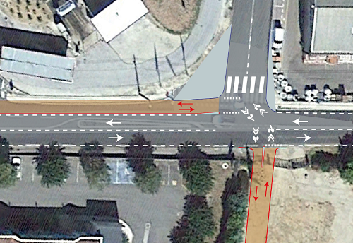 Schéma de l'aménagement d'un carrefour (piste cyclable sur un coté de route bidirectionnelle et aménagement d'une voie cyclable perpendiculaire)