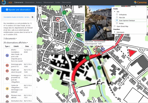 capture d'écran de Murex (carte avec éléments localisés sur l'inondation)