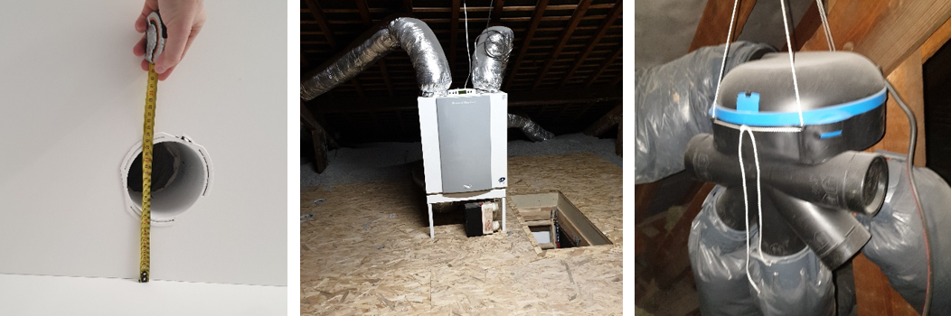 à gauche : Vérification du positionnement des bouches d’extraction / centre et droite :: vérification  du caisson de ventilation et de sa désolidarisation acoustique au bâti.