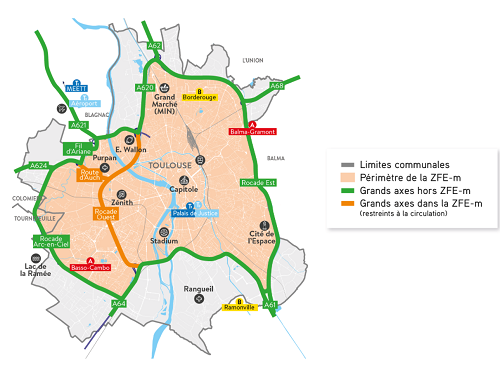 Carte de la ZFEm de Toulouse (tout le centre ville intra périphérique)