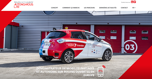 page d'accueil du site Rouen Normandy Autonomous lab avec un véhicule équipé de capteurs en photo