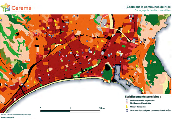 Zoom des LCZ et sites à enjeux type hopitaux écoles sur Nice