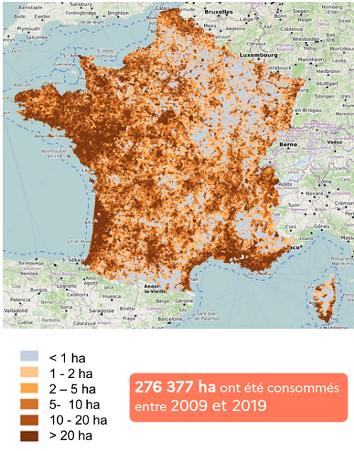 Carte de l'artificialisation des sols en France de 2009 à 2019