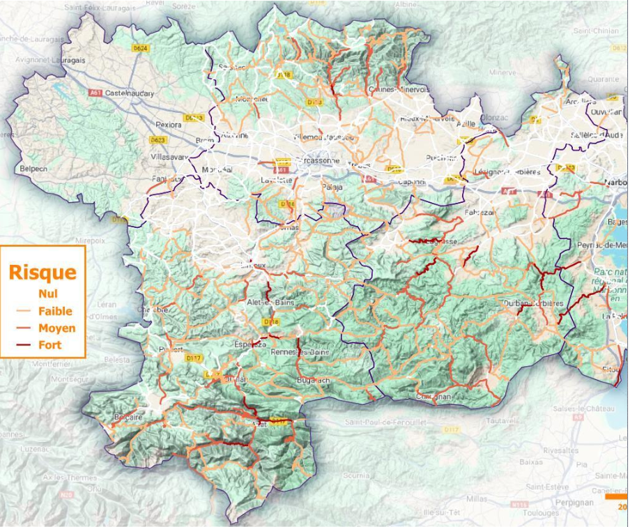 Classification du risque mobilité lié à l’aléa rocheux en quatre classes sur le département du CD11 