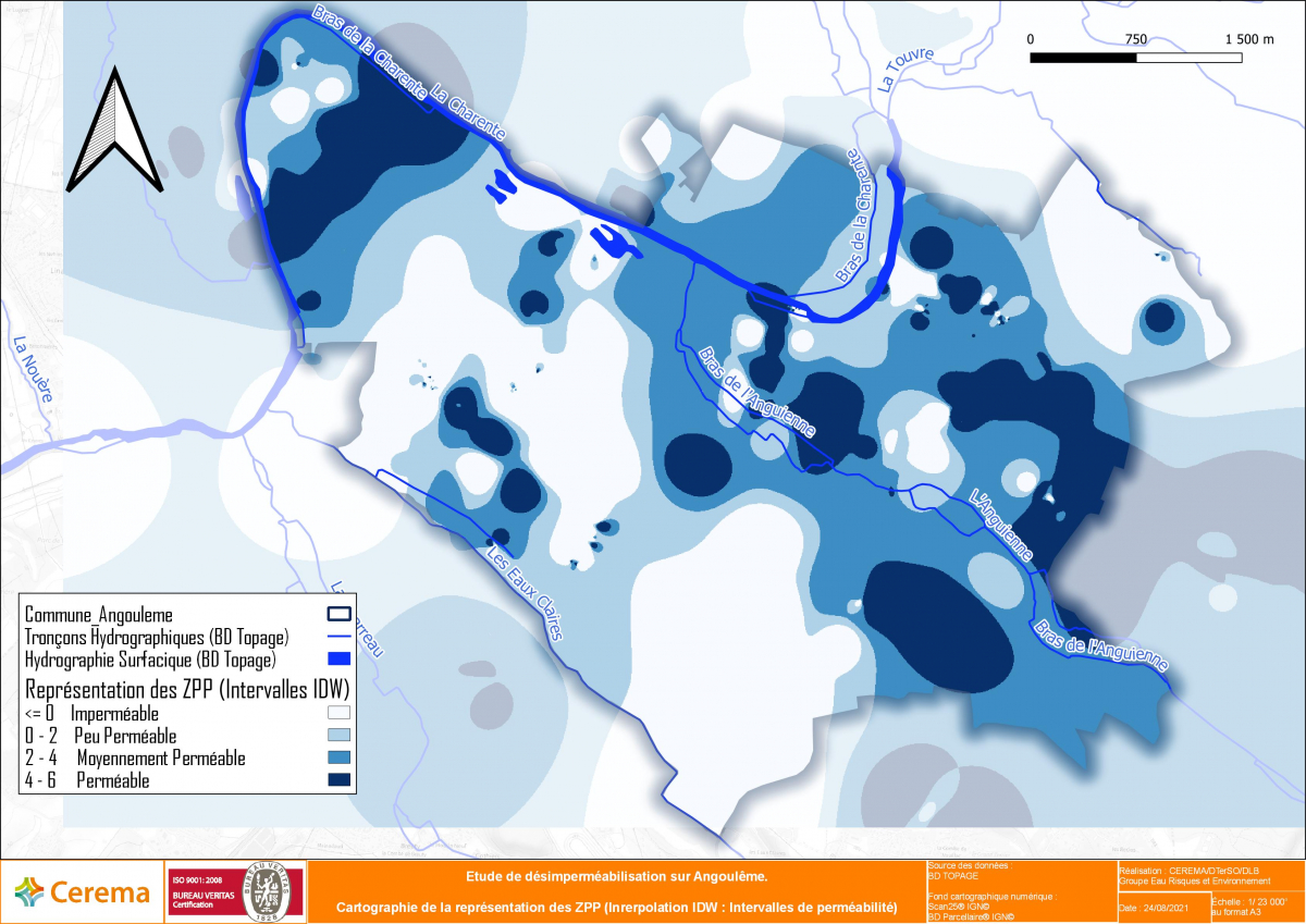 Cartographie des zones potentiellement perméables sur Angoulême (zones bleu clair à bleu foncé)