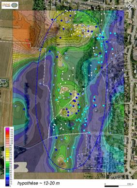 Exemple de carte d’iso-valeurs de résistivités apparentes (de 12 à 20 m de profondeur)