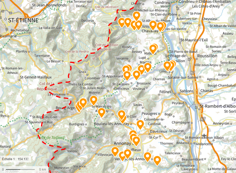 Ligne de crête et plan de situation des ouvrages d’art en maçonnerie visités par le Cerema suite aux intempéries du 17 octobre 2024 sur les 17 communes du Sud du massif de Pilat sur les départements de la Loire et de l’Ardèche