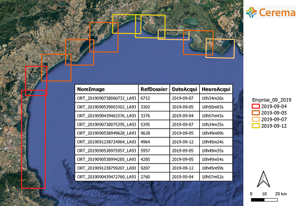 Cartographie décrivant les emprises des images Pléiades en fonction de leur date d’acquisition pour le littoral languedocien (exemple pour le millésime de septembre 2019)