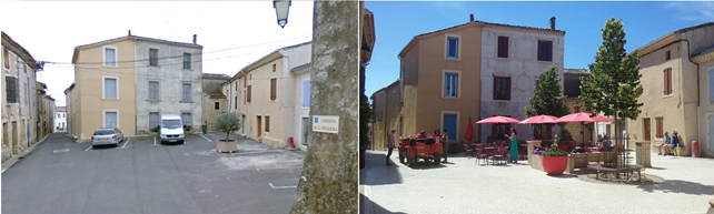 Assignan – place centrale avant/après : requalification de la place ayant permis un lieu de vie et une activité commerciale © pour avant : CAUE34 - © pour après : Cerema