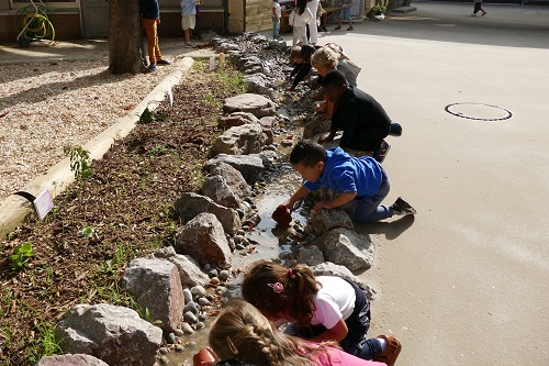 Cour d'école avec petite zone humide type noue et des enfants