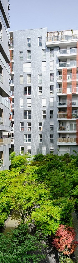 jardin entouré d'immeubles dans un éco quartier