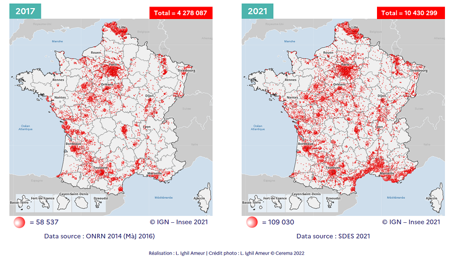 Évolution du nombre de maisons individuelles exposées à l’aléa RGA « fort ou moyen » entre 2017 et 2021