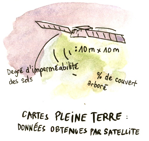 Dessin expliquant le concept de pleine terre : images satellite pour mesurer l'imperméabilité et le % arboré