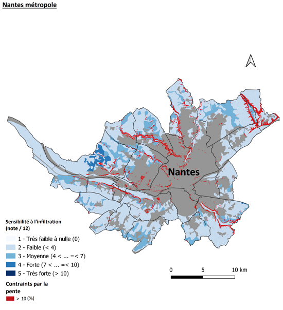 Représentation graphique hors zones urbanisées de l’indicateur potentiel d’infiltration à Nantes.