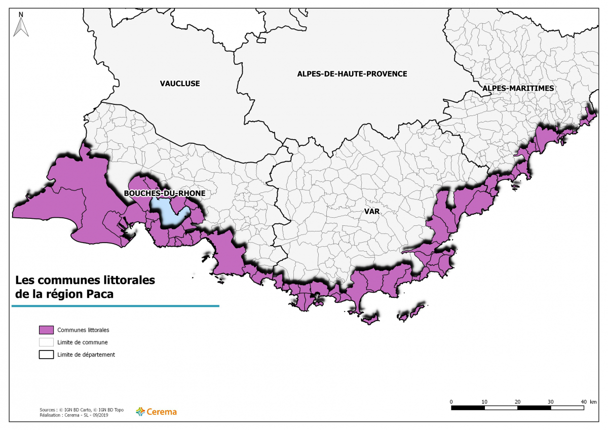 Communes soumises à la loi Littoral sur le littoral de la région Provence-Alpes-Côte d'Azur". Crédit : "Cerema 2020" (carte réalisée par Séverine Laporthe