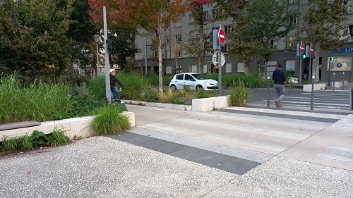 Vue d'une piste cyclable et d'un trottoir bordés d'arbres avec revetement de chaussée clair, à Lyon