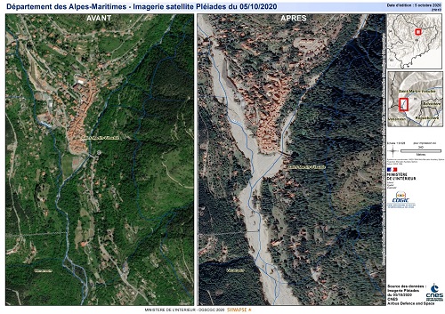 images pléiades avant et après la crue suite à la tempete Alex dans la vallée de la roya (lit du fleuve beaucoup élargi)