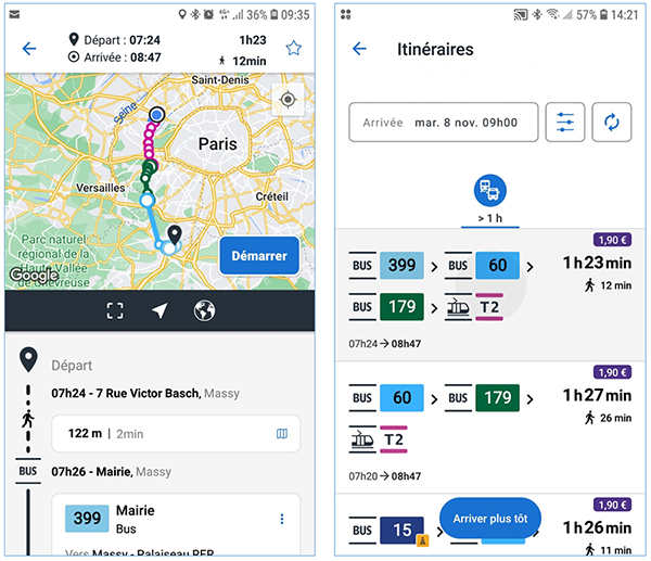 sans RERItinéraire Massy-La Défense avec utilisation exclusive de titres t+ depuis l'application IDFM (donc sans RER hors zone 1)