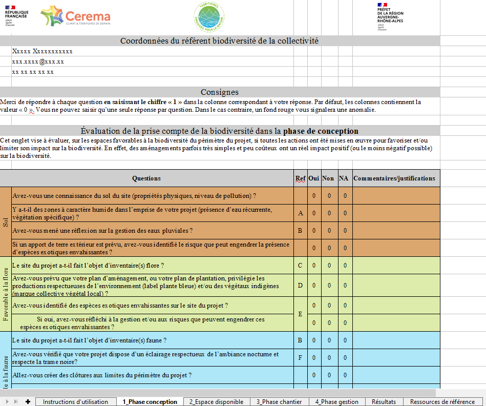 aperçu de l'outil (tableur excel)