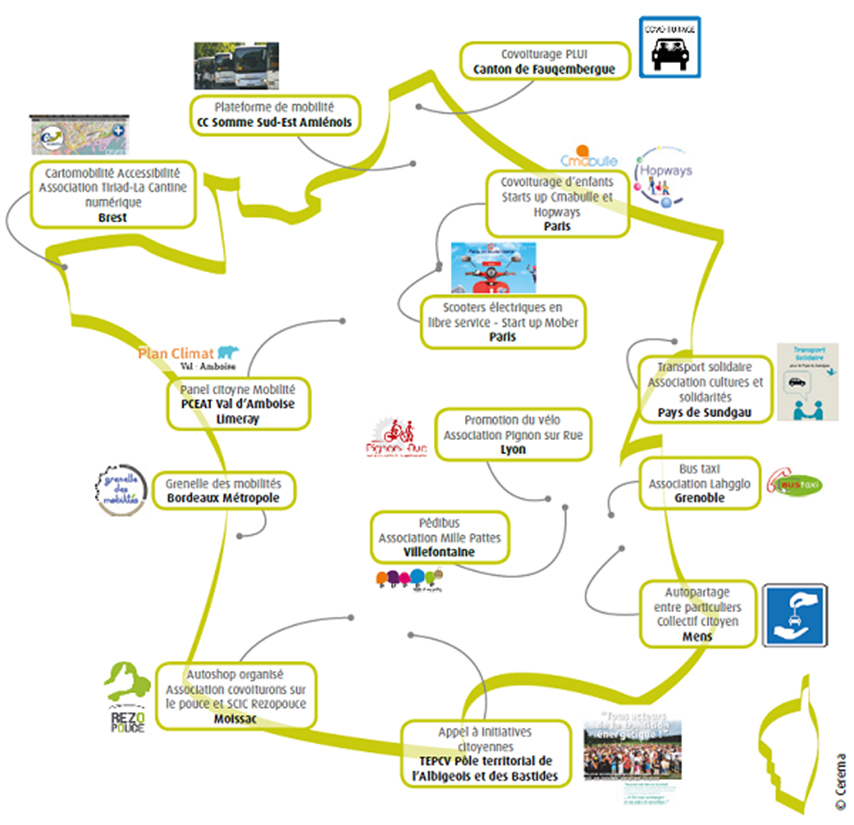 Carte des initiatives étudiées par le Cerema