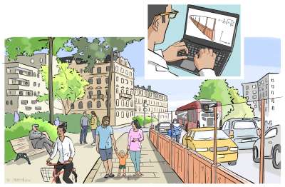 dessin d'une ville avec zones calmes et trafic automobike
