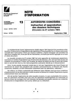 Autoroutes concédées : instruction et approbation des dossiers techniques (circulaire du 27 octobre 1987) 