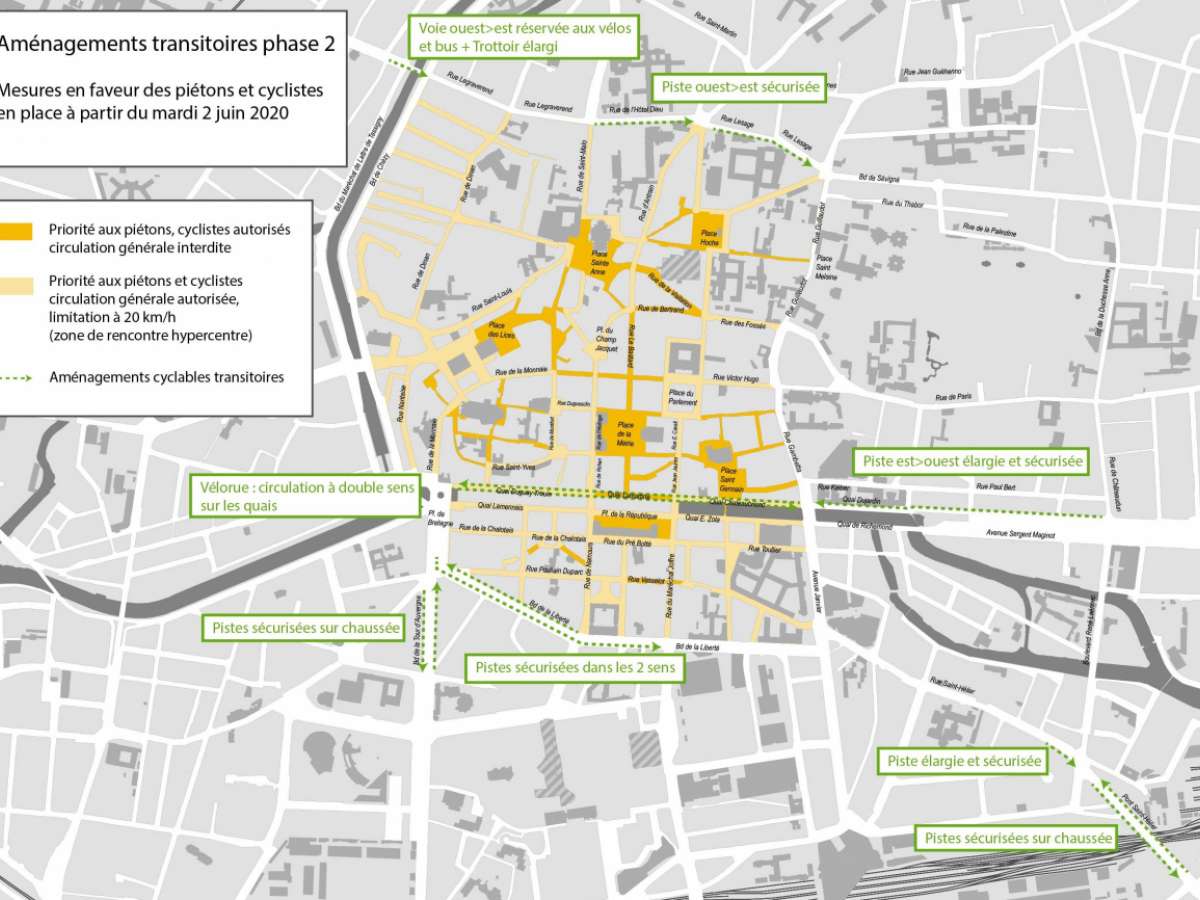 Carte des aménagements transitoires réalisés dans le centre-ville de Rennes (source : Ville et Rennes Métropole).