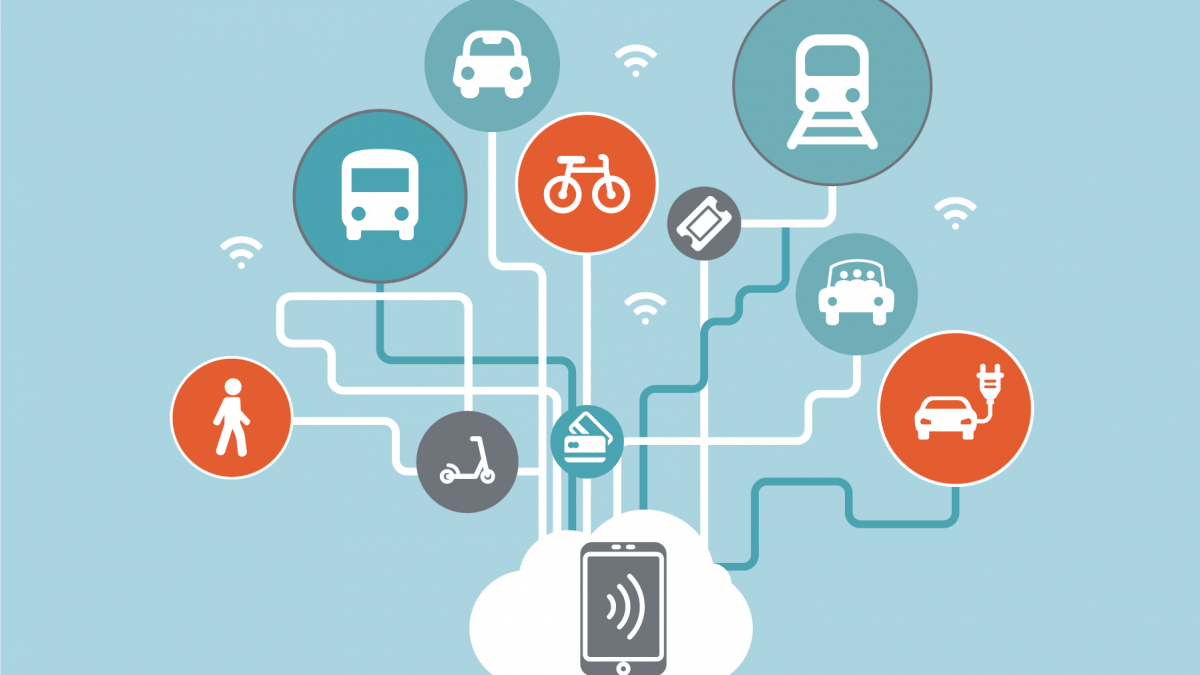 Infographie de la mobilité servicielle: smartphone relié aux différents modes de transport