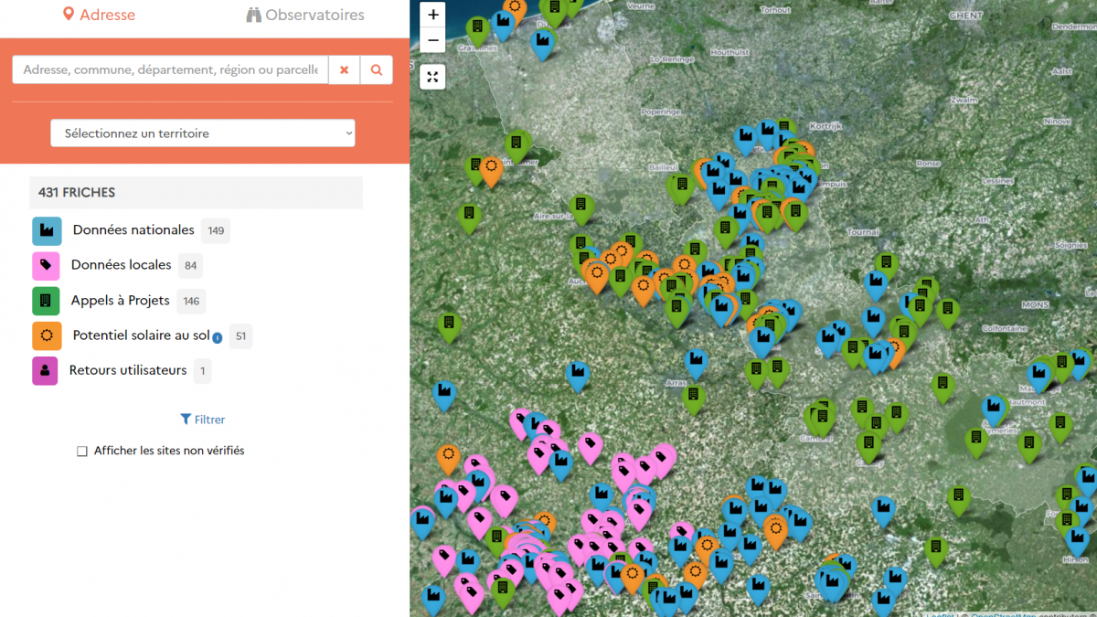 Vue de la carte avec les points de couleur sur les friches en fonction des sources de données