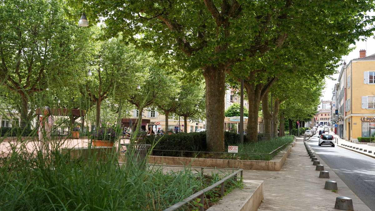 Place de Villefranche sur Saone avec des arbres et de la végétation, et des allées