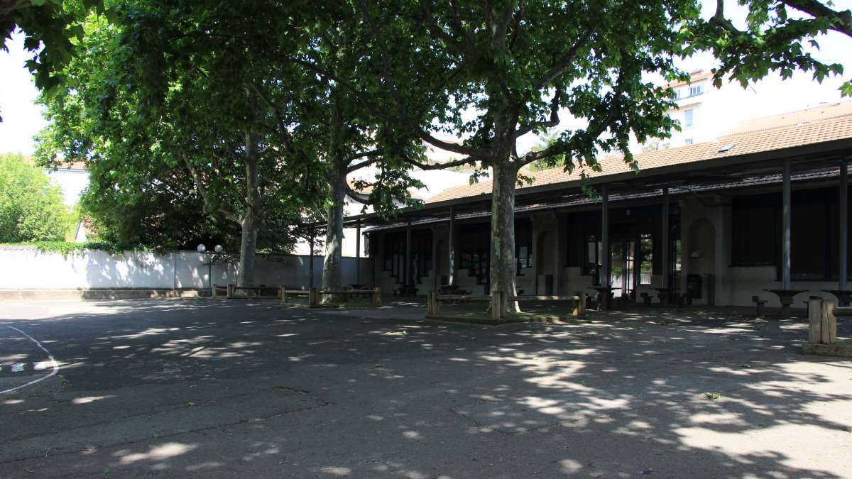 Cour d'école avec des arbres et sol en goudron