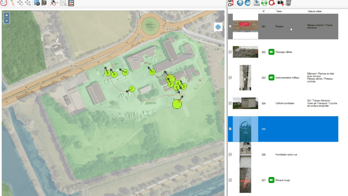 Capture d'écran de l'application avec une carte qui montre les différents relevés de terrain
