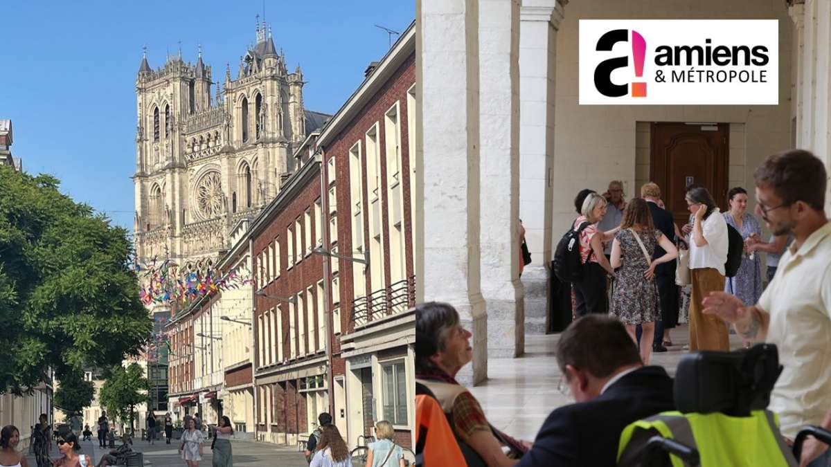 Photo de la rue commerçante d'Amiens avec des personnes qui marchent en premier plan, des bâtiments en brique de deuxième plan et le fronton de la cathédrale en arrière plan. 