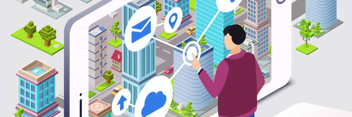 Infographie de smart city avec un utilisateur connecté via smartphone