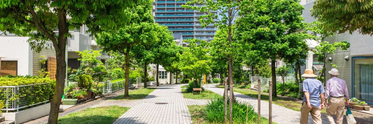 Logements adaptés pour les seniors. vue d'une allée entre des maisons