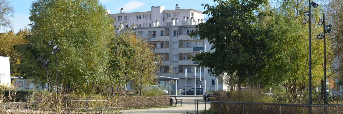 Vue de la place réaménagée avec des ilots d'arbres