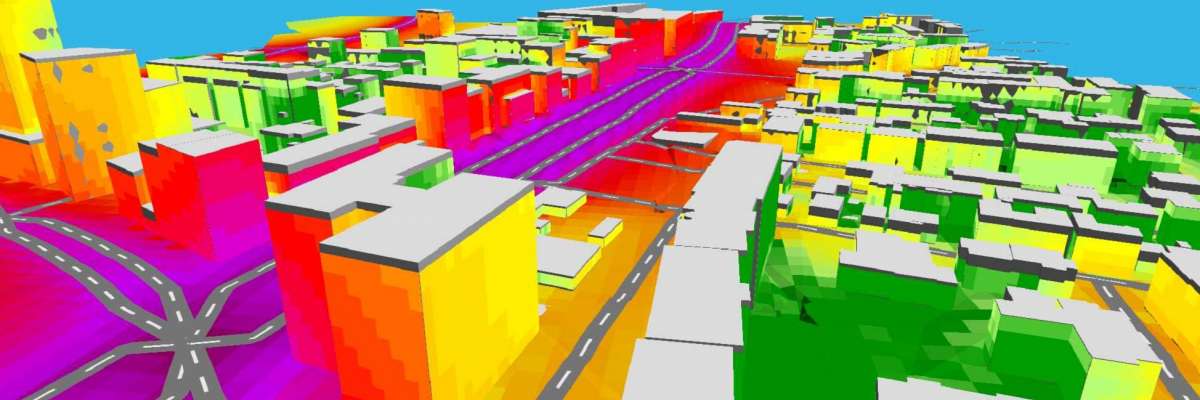 Vue d'une modélisation de zones de bruit dans un quartier en 3D