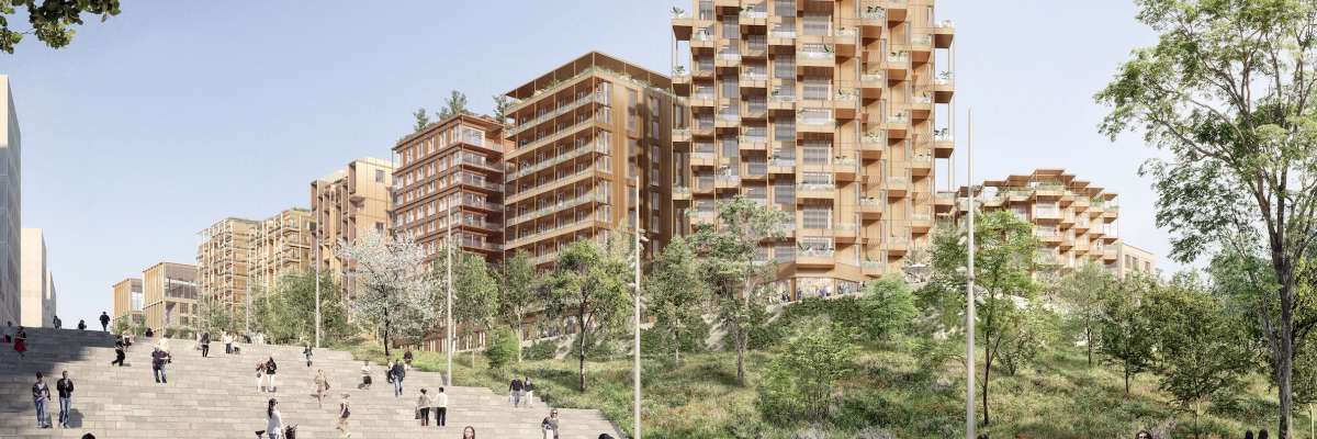 infographie du futur village olympique avec rangées de végétation devant les immeubles